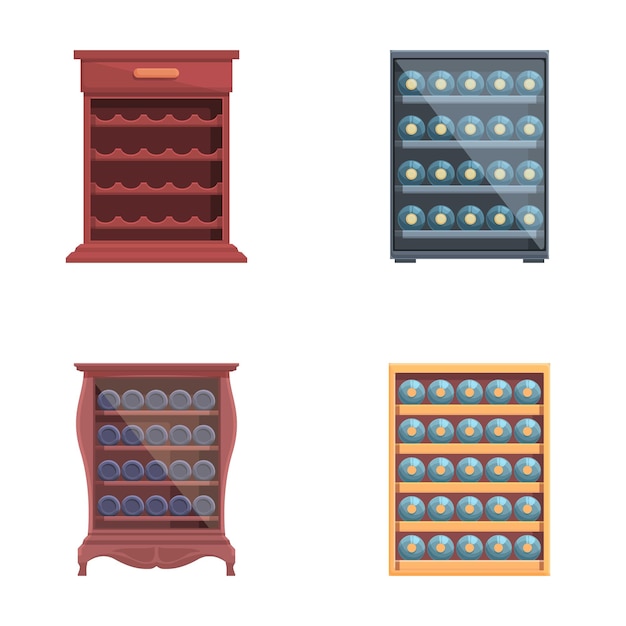 Iconos de cajas de vino con vectores de dibujos animados botella de vino dentro de un armario de madera