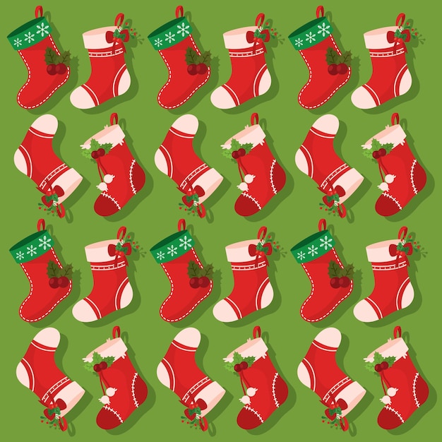 Iconos de calcetines de Navidad Fondo de patrón Ilustración vectorial