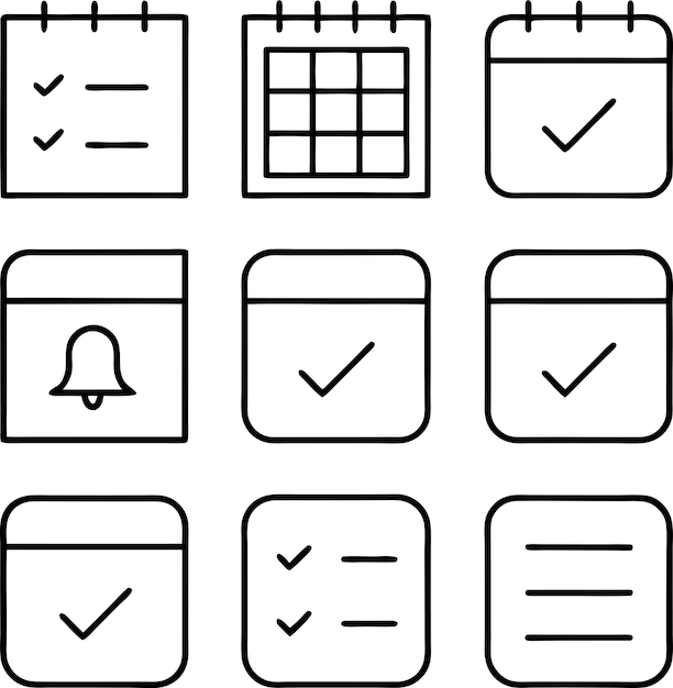 Iconos de calendario Lista de comprobación de programación Recordatorio de tareas Planificación de citas Notificación de fecha de vencimiento