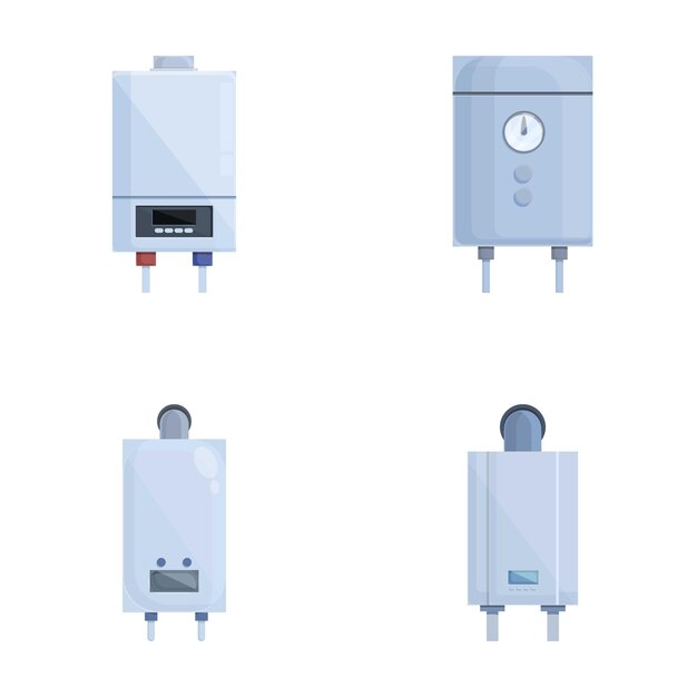 Iconos de calentador de agua conjunto de vector de dibujos animados Caldera de gas y calentador de aguas eléctrico