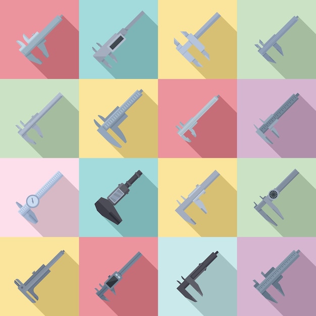 Los iconos de calibradores establecen vector plano. Trasmallo calibrado. Calibradores de primer plano