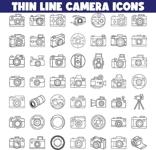Iconos de cámaras de línea delgada Colección de equipos de fotografía