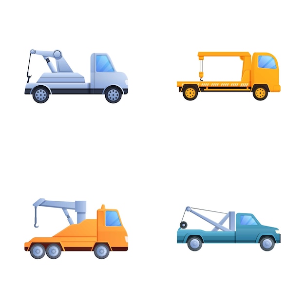 Iconos de camiones de remolque conjuntos de vectores de dibujos animados Varios tipos de camiones del remolque Evacuación al área de penalización