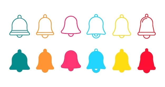 Iconos de campana de colores para notificaciones en fondo blanco