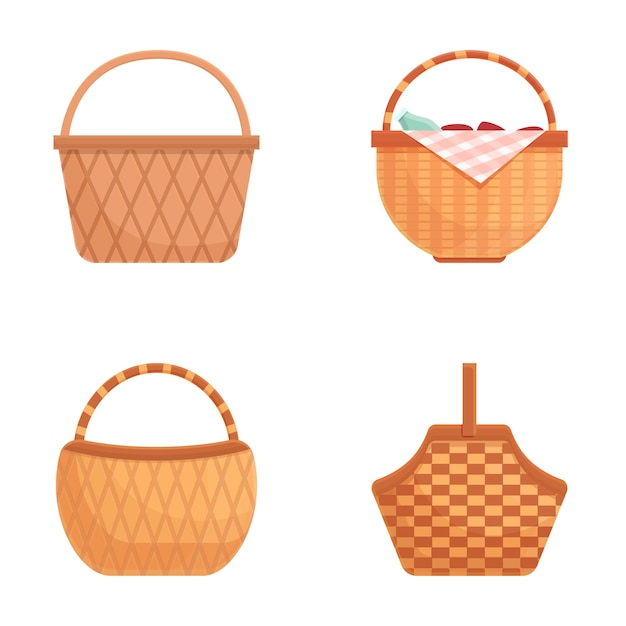 Iconos de canasta de mimbre con vector de dibujos animados Canasta de picnic llena de comida