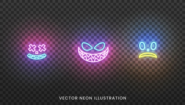 Vector iconos de cara de neón de halloween. conjunto de expresiones faciales brillantes para halloween