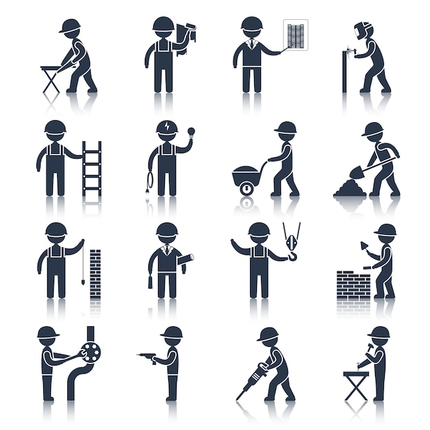 Iconos de carácter de trabajador de construcción negros