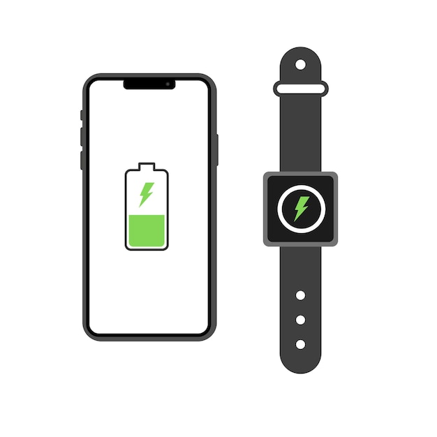 Iconos de carga en el teléfono y el reloj de pulsera Luminario verde plano indicador de carga Iconos vectoriales de teléfono y reloj de pulso