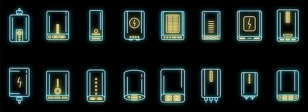 Los íconos del cargador del banco de energía establecen el neón vectorial