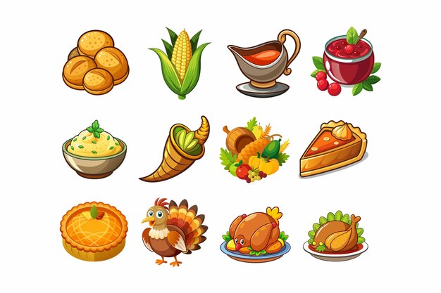 Iconos de caricaturas festivas de Acción de Gracias de comida deliciosa y platos tradicionales sobre un fondo blanco