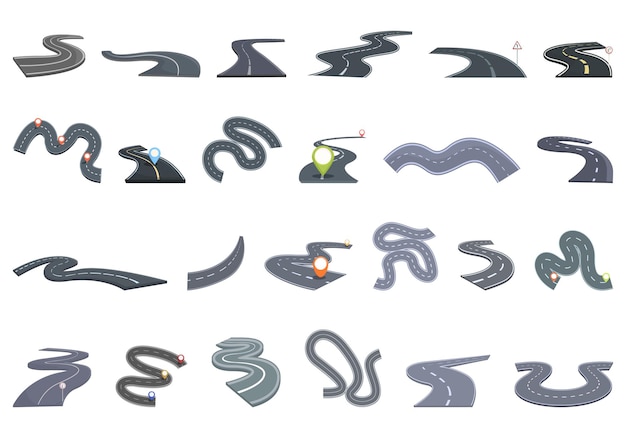 Iconos de carreteras sinuosas conjunto de vector de dibujos animados curva de viaje del vehículo Conducción de automóviles por carretera