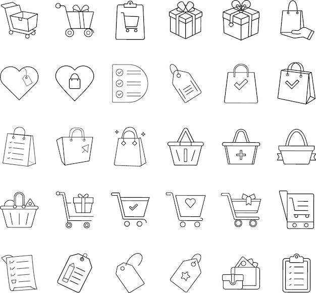 Iconos del carrito de compras Bolsas cestas regalos etiquetas listas de comprobación
