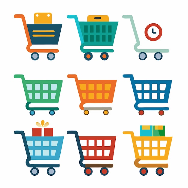 Iconos de carrito de compras coloridos con diferentes artículos para comercio electrónico minorista y compras en línea