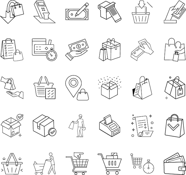 Iconos de carrito de compras en línea, pago, entrega y paquetes
