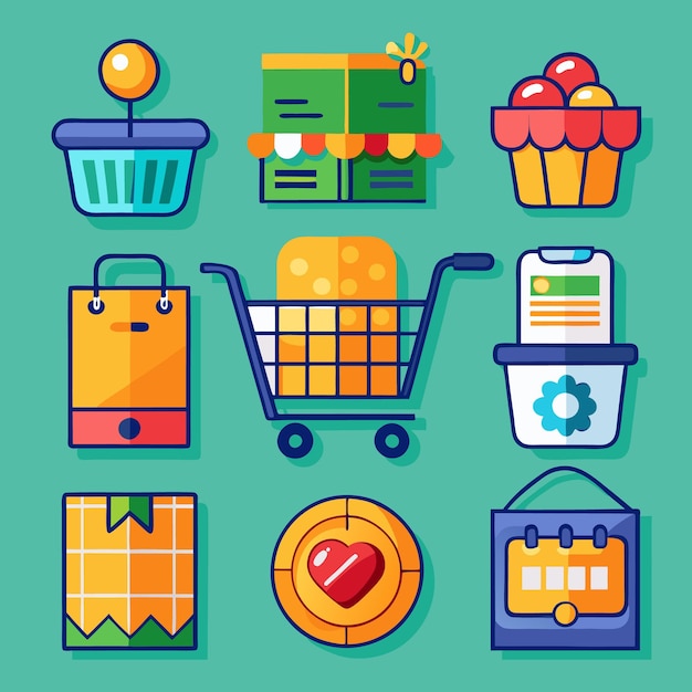 Iconos del carrito de compras Tienda en línea Comercio electrónico minorista Marketing digital