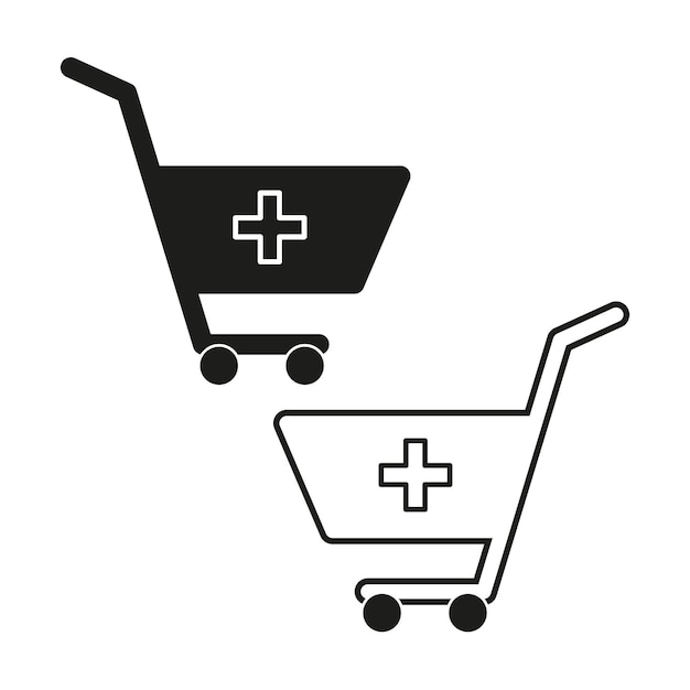Íconos de carrito médico Símbolo de carrito de compras Cruz de atención médica Vector blanco y negro