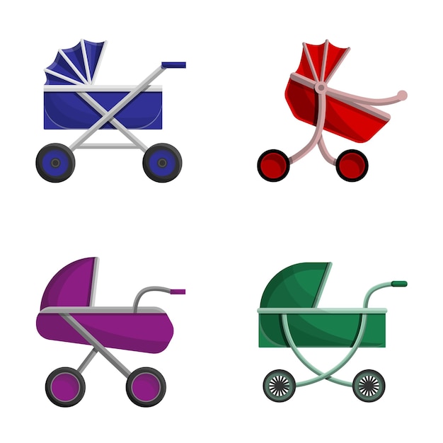 Iconos de carro de bebé set vector de dibujos animados Cochecito colorido Dispositivo de transporte infantil