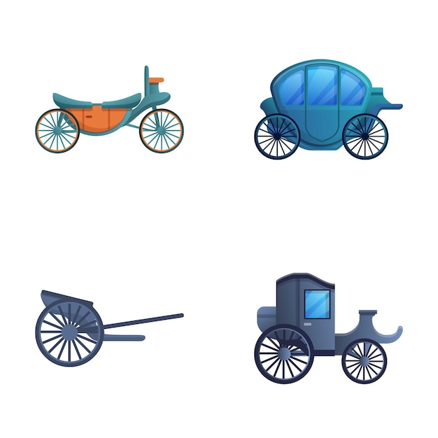 Iconos de carruajes conjuntos de vectores de dibujos animados vehículo vintage para transporte de pasajeros retro