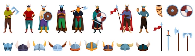 Vector iconos de casco vikingo conjunto vector de dibujos animados guerrero nórdico medieval