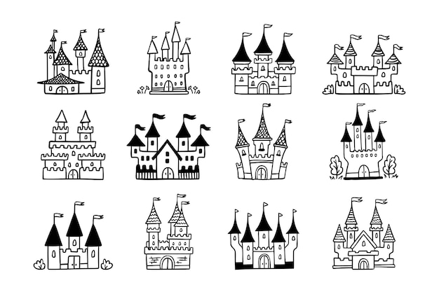 Iconos de castillos de dibujos animados dibujados a mano con dibujos dibujados en el bosquejo del castillo de cuentos de hadas para el reino mágico de la princesa