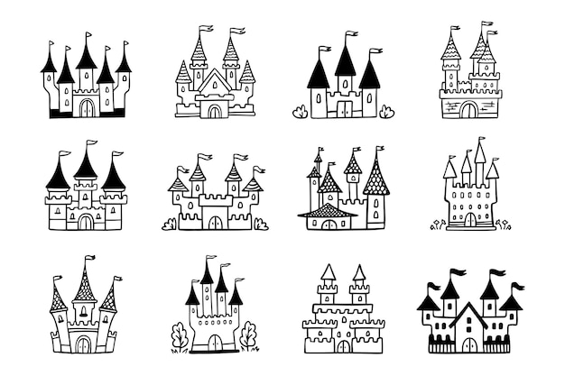 Iconos de castillos de dibujos animados dibujados a mano con dibujos dibujados en el bosquejo del castillo de cuentos de hadas para el reino mágico de la princesa