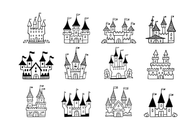 Iconos de castillos de dibujos animados dibujados a mano con dibujos dibujados en el bosquejo del castillo de cuentos de hadas para el reino mágico de la princesa