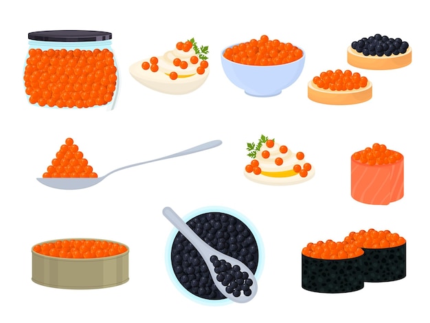 Iconos de caviar rojo y negro de dibujos animados