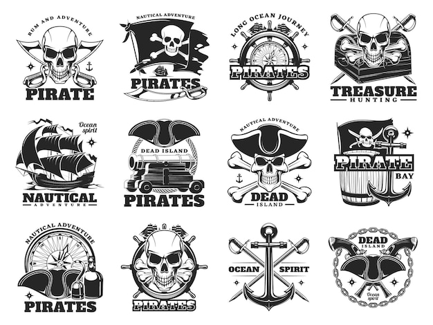 Iconos de caza de piratas y tesoros de la isla del cráneo y barcos marinos, vector. Pirate Treasures Adventure Signos de la bandera Merry Roger con tibias cruzadas de calavera, cofre de tesoros y timón de barco con brújula náutica