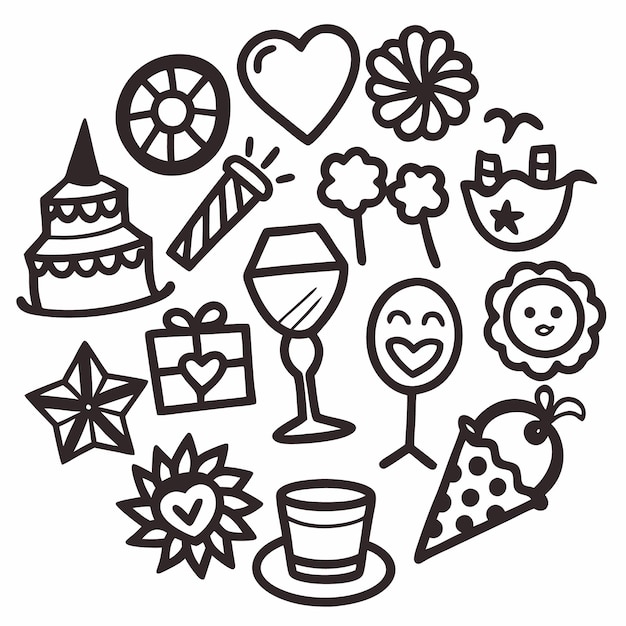 Iconos de celebración en blanco y negro dibujados a mano