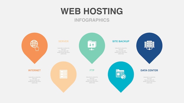 Iconos del centro de datos de copia de seguridad del sitio FTP del servidor de Internet Plantilla de diseño de diseño infográfico Concepto de presentación creativa con 5 pasos