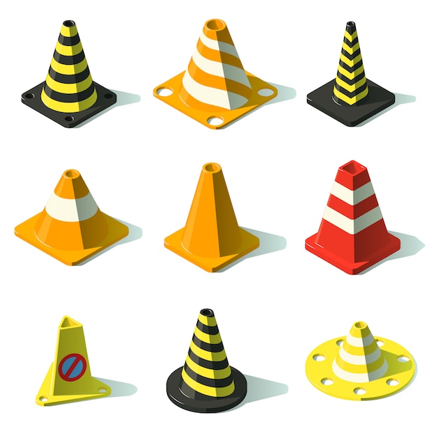 Iconos de la cerca del tráfico del cono fijados. Ilustración isométrica de 25 iconos de vector de cerca de tráfico de cono para web
