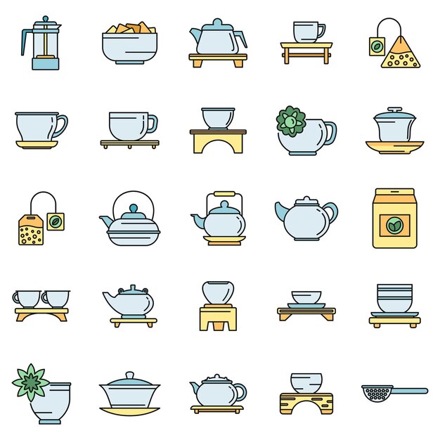 Los iconos de la ceremonia del té de la cultura establecen una línea de color vectorial