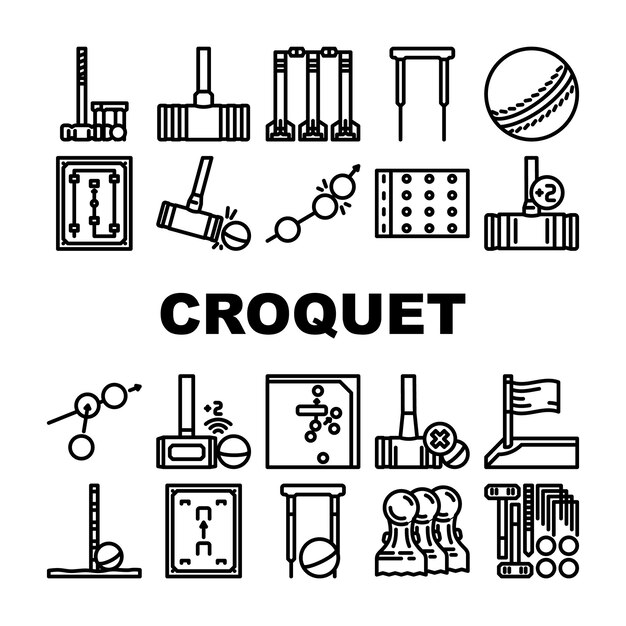 Iconos de césped de mañón de croquet conjuntos de vectores