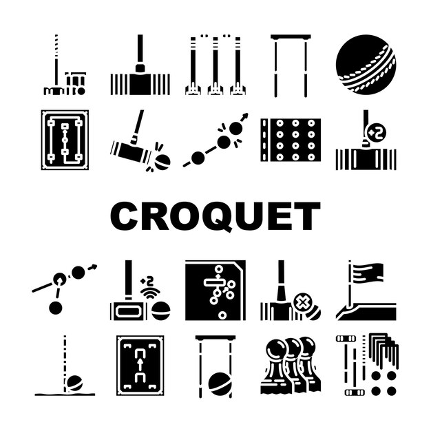 Iconos de césped de mañón de croquet conjuntos de vectores