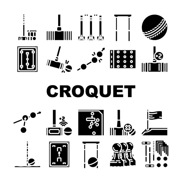 Vector iconos de césped de mañón de croquet conjuntos de vectores