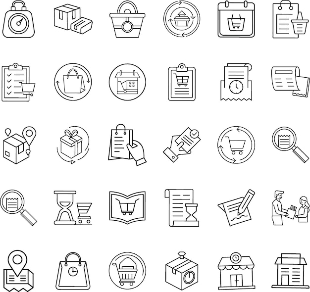 Iconos de la cesta de compras en línea Lista de verificación de entrega del paquete de la tienda