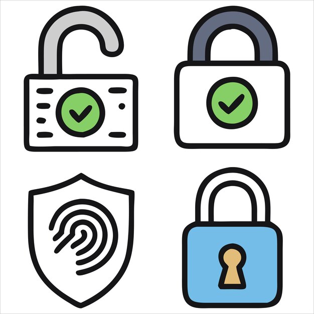 Iconos de ciberseguridad 3D con acabado metálico brillante y acentos azules y rojos de neón