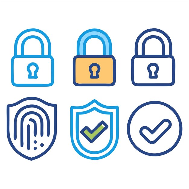 Iconos de ciberseguridad 3D con acabado metálico brillante y acentos azules y rojos de neón