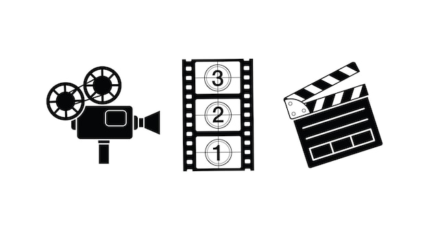 Iconos de cine Conjunto de iconos de cine Paquete de caja de palomitas de maíz Gran carrete de película Tabla de aplauso abierta Ticket