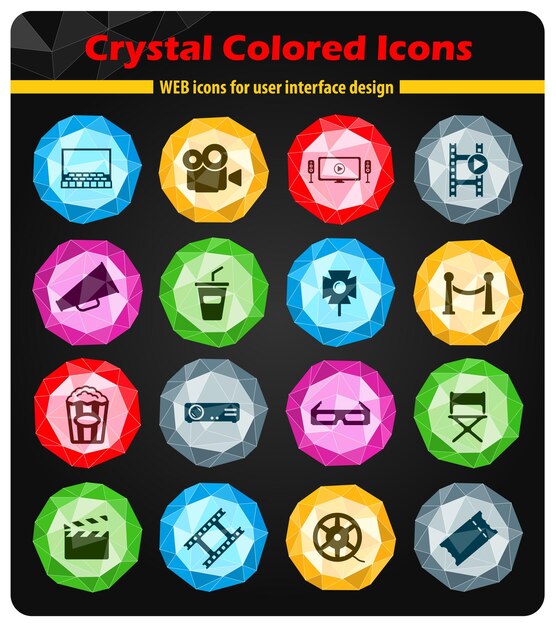 Vector iconos de cine en cristales de botones de colores brillantes