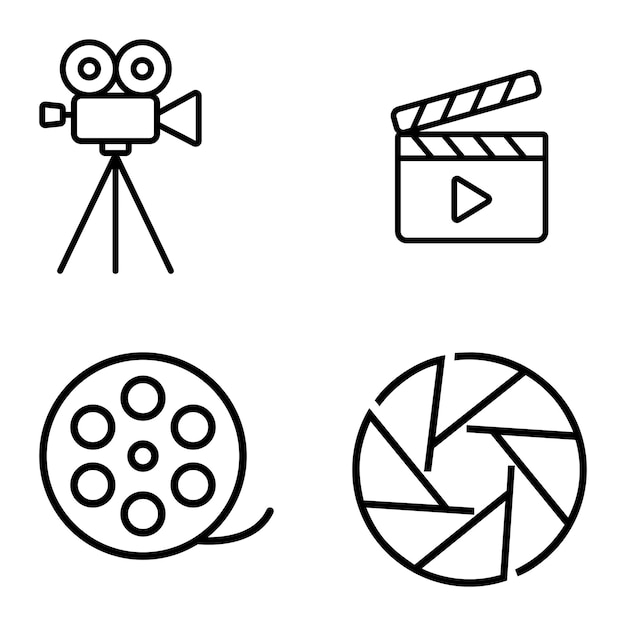 Iconos de cine y fotografía Cámara Clapperboard Film Reel y Símbolos de obturador para los medios