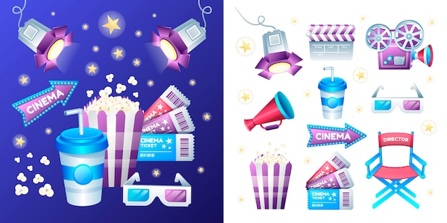 Iconos de cine gradiente ilustraciones con elementos de película