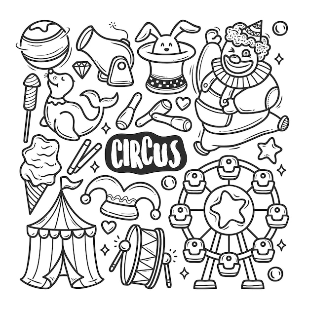 Iconos de circo dibujado a mano doodle para colorear | Vector Premium