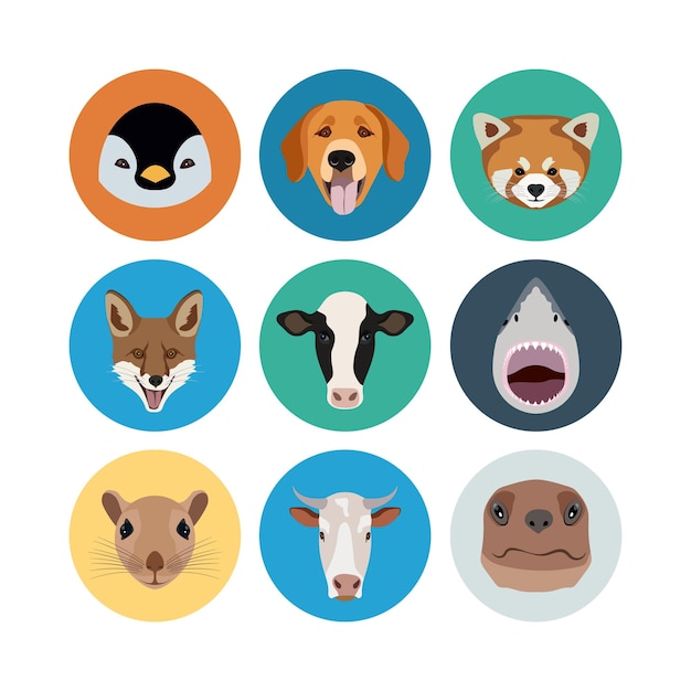 Iconos circulares con varios animales Pingüino Perro Panda Rojo Zorro Vacas Tiburón y más