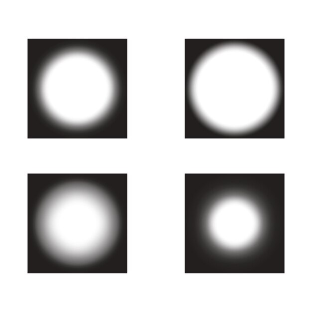 Iconos de círculo borroso Cuatro gradientes blancos fondos cuadrados negros Vector de enfoque suave