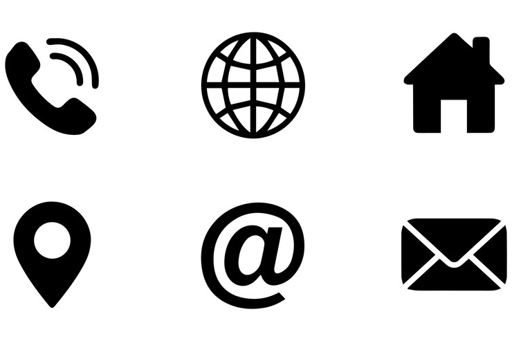 Vector iconos de círculo de silueta teléfono globo casa ubicación sobre correo electrónico y en símbolo diseño vectorial
