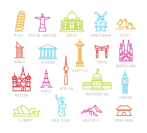 Iconos de la ciudad en color estilo plano con nombres pisa rio delhi amsterdam dubai atenas seattle tokio