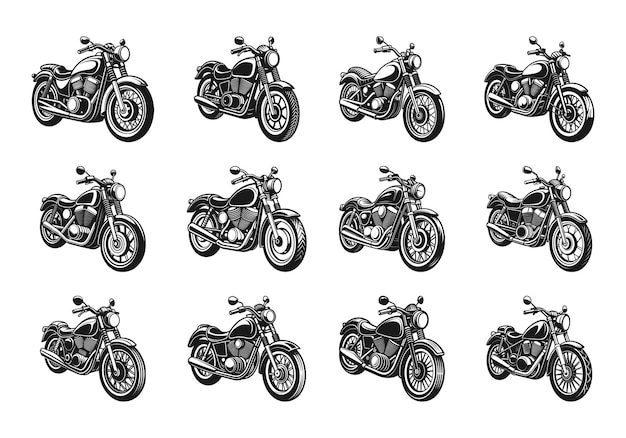 Iconos clásicos de motocicletas de carretera en estilo simple negro Símbolos de bicicletas aislados en fondo blanco