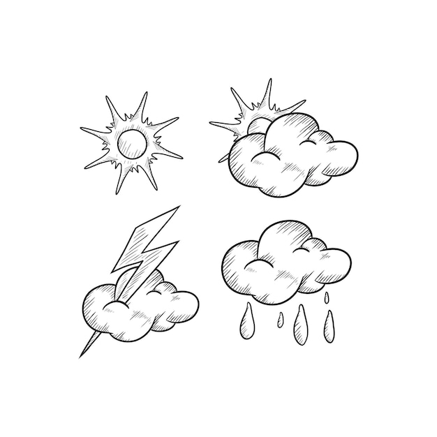 Iconos del clima dibujados a mano lluvia tormenta y nieve sol claro y luna tornado y huracán termómetro de viento y paraguas retro conjunto vectorial de elementos meteorológicos lluvia y tormenta boceto