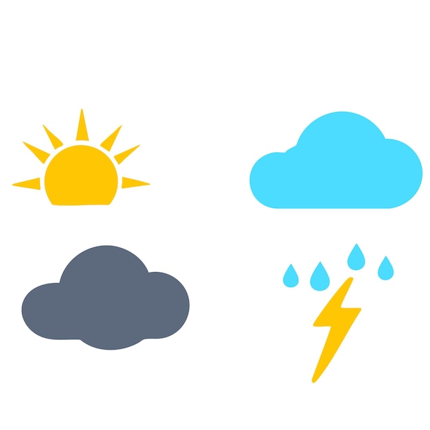 Iconos climáticos coloridos que representan nubes de sol, lluvia y trueno